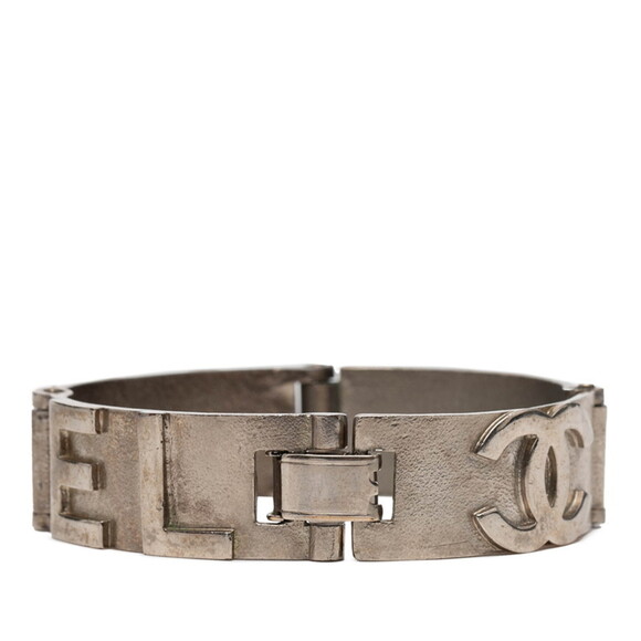 CHANEL Authentic Silver Logo Bracelet